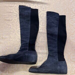 Stuart Weitzman tall to the knee boot. Blue Suede, Black Elastic. 9.5M Wedge